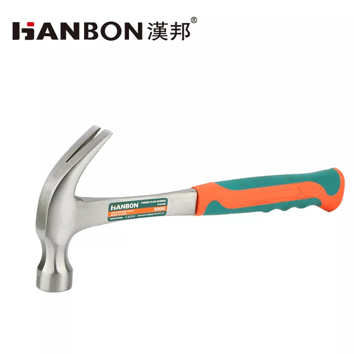 A claw hammer with a fiberglass handle, featuring a non-slip and shock-absorbing grip
