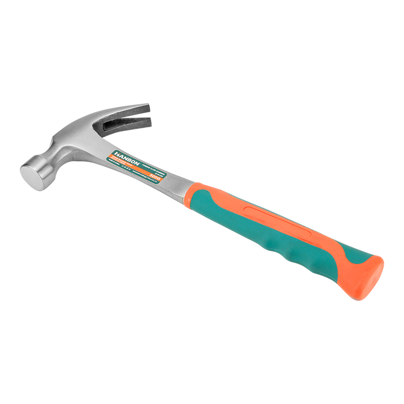 A claw hammer with a fiberglass handle, featuring a non-slip and shock-absorbing grip