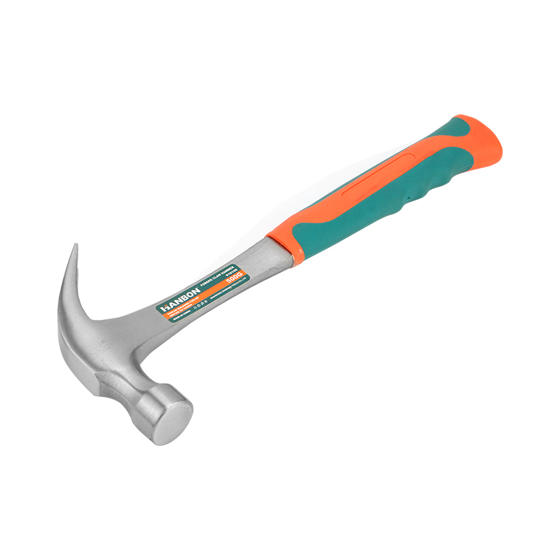 A claw hammer with a fiberglass handle, featuring a non-slip and shock-absorbing grip