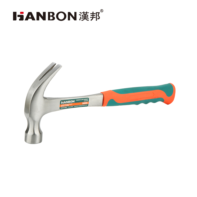 A claw hammer with a fiberglass handle, featuring a non-slip and shock-absorbing grip
