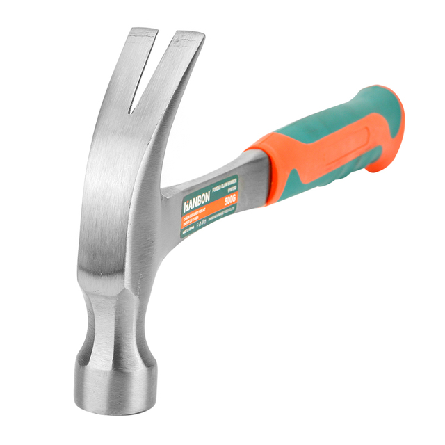 A claw hammer with a fiberglass handle, featuring a non-slip and shock-absorbing grip